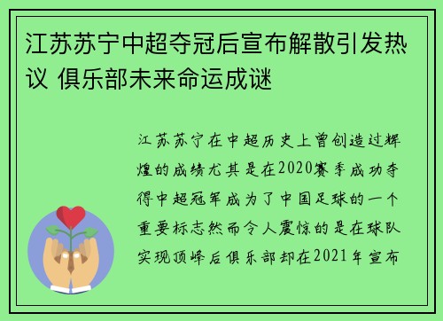 江苏苏宁中超夺冠后宣布解散引发热议 俱乐部未来命运成谜